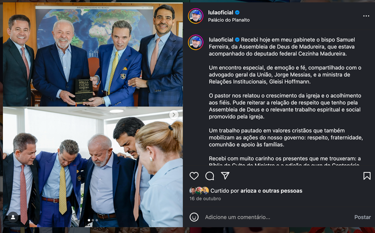 Lula faz publica&ccedil;&atilde;o no Instagram com lideran&ccedil;as evang&eacute;licas, ao lado de Jorge Messias