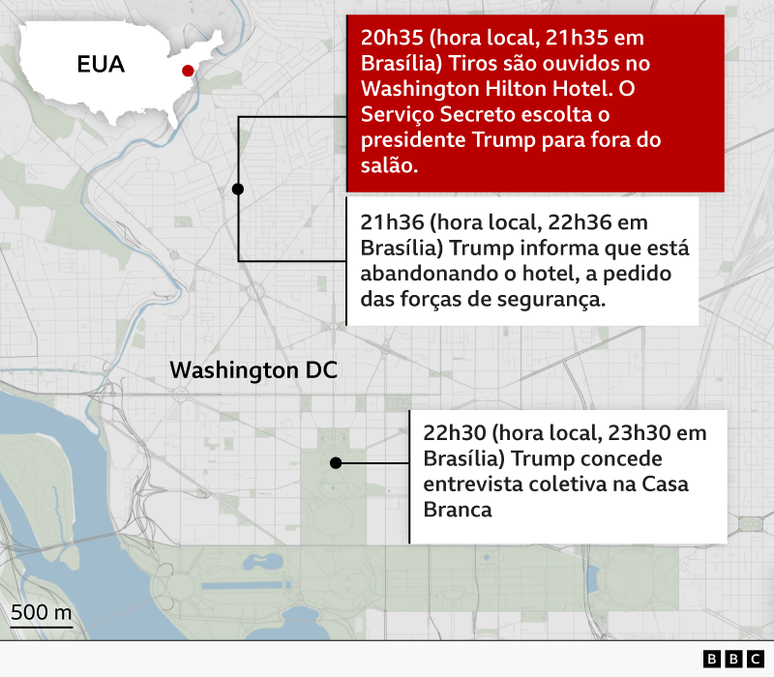 Mapa de Washington com a localiza&ccedil;&atilde;o do hotel Washington Hilton e da Casa Branca e a descri&ccedil;&atilde;o dos eventos de s&aacute;bado, 25 de abril de 2026