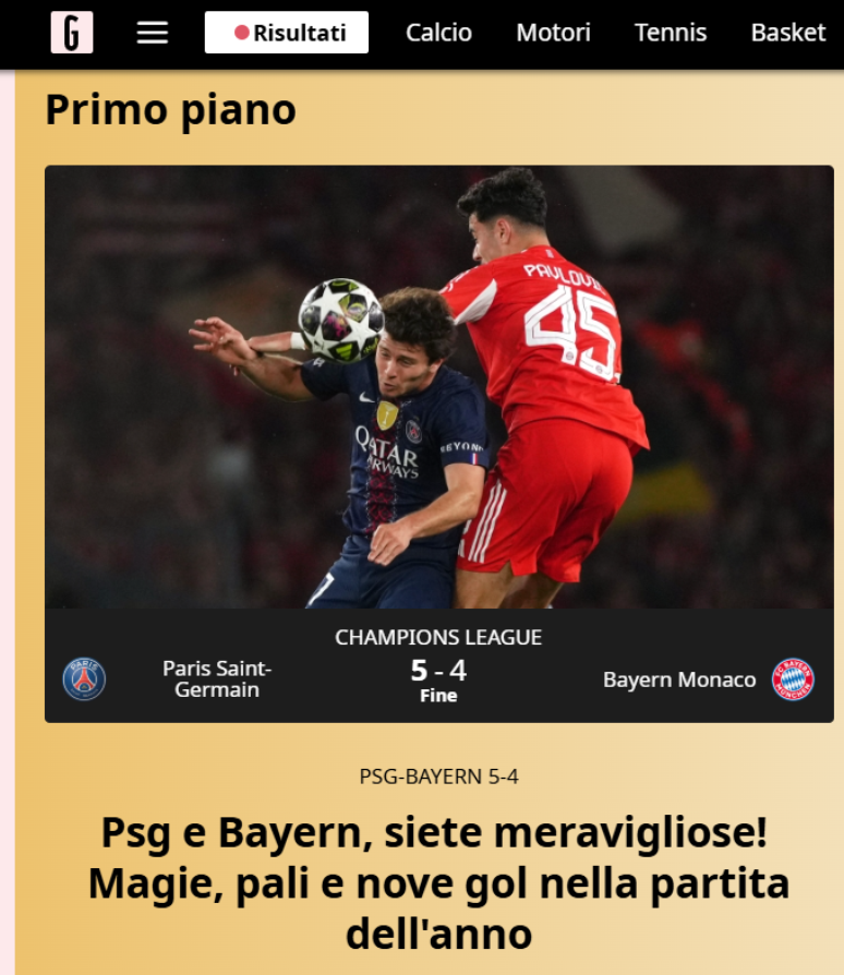 PSG మరియు బేయర్న్ మధ్య జరిగిన మ్యాచ్‌లో ఇటలీకి చెందిన లా గజ్జెట్టా డెల్లో స్పోర్ట్