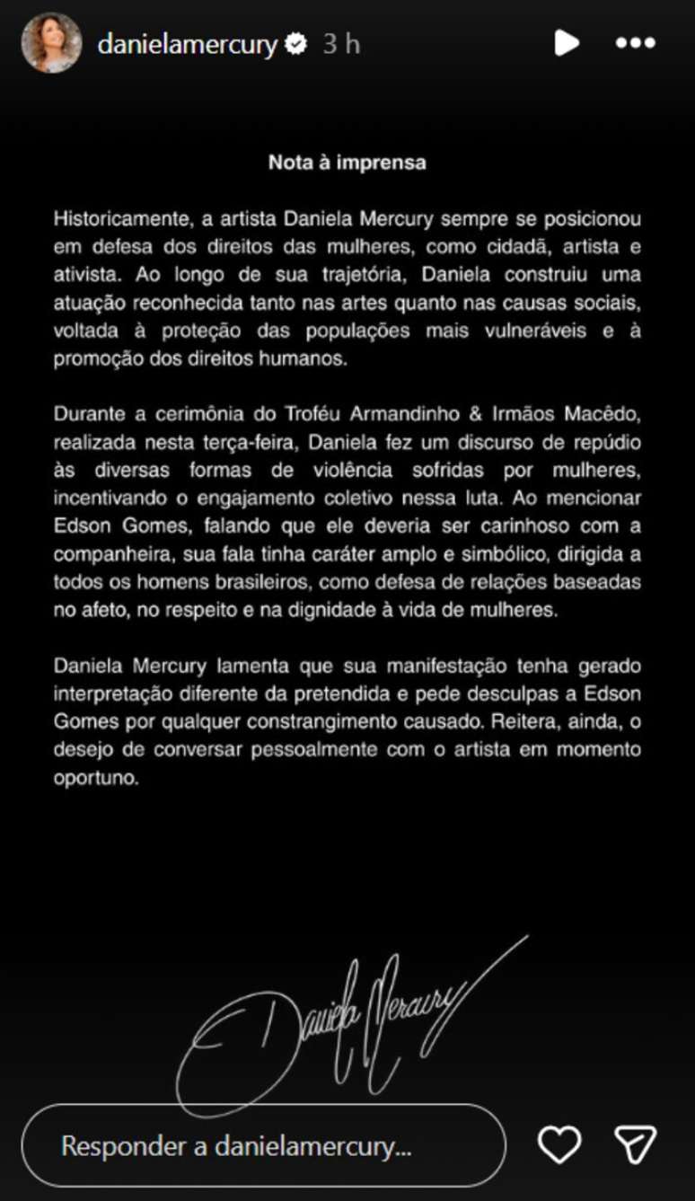 Daniela Mercury pede desculpas a Edson Gomes ap&oacute;s acusar cantor de viol&ecirc;ncia contra a mulher.