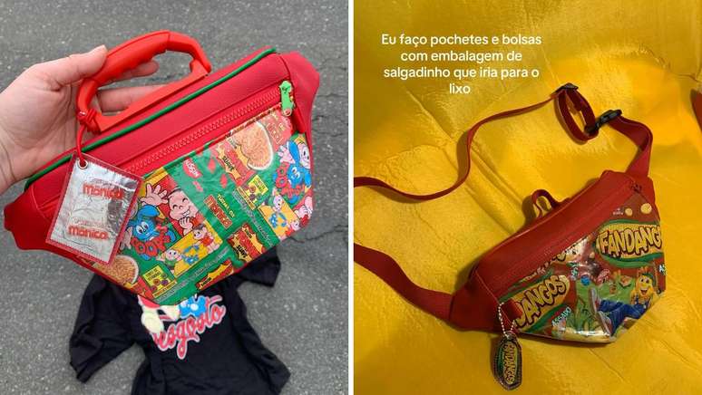 Bolsas da marca Kuhra, de Kayka, s&atilde;o feitas de materiais de upcycling, que iriam para o lixo