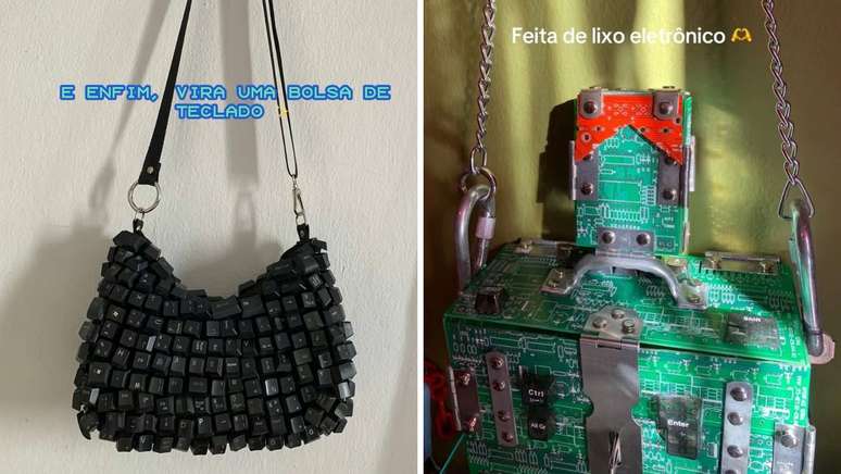 Bolsas da marca Kuhra, de Kayka, s&atilde;o feitas de materiais de upcycling, que iriam para o lixo