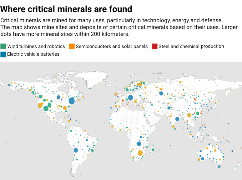 Mapa mostra locais de minas e dep&oacute;sitos de minerais cr&iacute;ticos e &aacute;reas com grande n&uacute;mero deles.