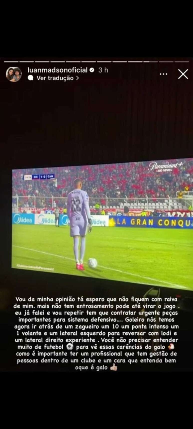 Luan desabafa ao assistir a derrota na Sul-Americana &ndash;