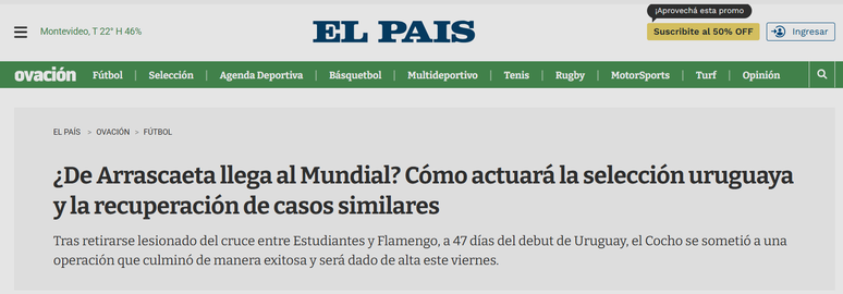 Arrascaeta இன் காயம் பற்றி 'Ovación' போர்ட்டலில் இருந்து கட்டுரை –