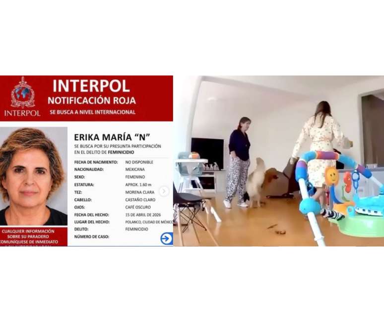 O an&uacute;ncio de busca internacional da sogra e uma cena do local do crime captada por c&acirc;mera de seguran&ccedil;a