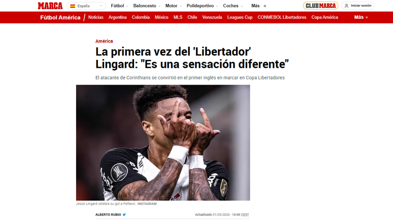 Jornal espanhol Marca exalta Lingard, do Corinthians, ap&oacute;s estreia com gol na Copa Libertadores