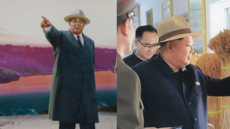 Kim Jong Un (&agrave; direita) usou um chap&eacute;u fedora muito semelhante ao de seu av&ocirc;, durante uma visita &agrave; Fazenda n&ordm; 1116, em maio de 2015