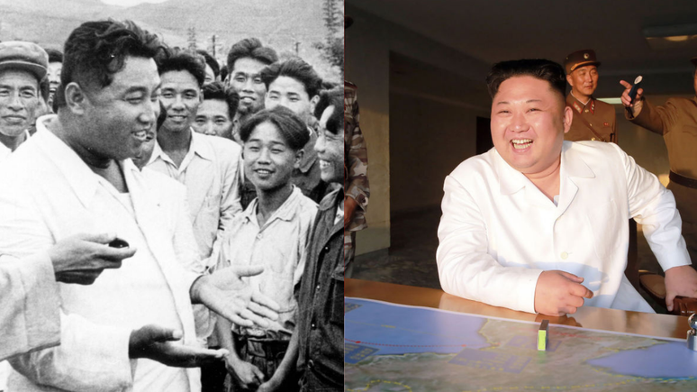 Em um teste de m&iacute;sseis de 2017, Kim Jong Un (&agrave; direita) usou uma roupa muito semelhante &agrave; que seu av&ocirc; usava na F&aacute;brica de M&aacute;quinas-Ferramenta de Huichon em 1967