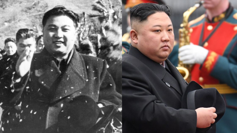 Na esta&ccedil;&atilde;o ferrovi&aacute;ria de Vladivostok, durante sua visita &agrave; R&uacute;ssia em 2019, Kim Jong Un (&agrave; direita) vestiu uma roupa muito semelhante &agrave; que seu av&ocirc; usava quando as tropas chinesas come&ccedil;aram a se retirar da Coreia do Norte, na d&eacute;cada de 1950