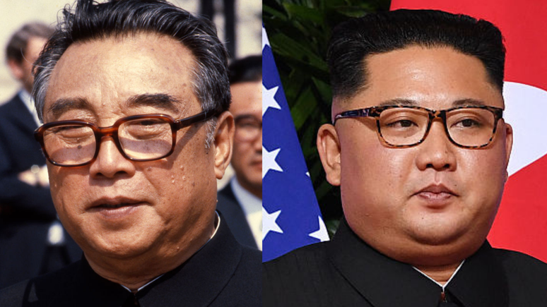 Ao chegar para a c&uacute;pula entre a Coreia do Norte e os EUA em Singapura, em 12 de junho de 2018, Kim Jong Un (&agrave; direita) usava roupas, &oacute;culos e penteado muito semelhantes aos que seu av&ocirc; usava em 1&ordm; de abril de 1980