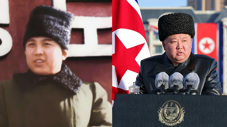 Em um discurso proferido em 2026, Kim Jong Un (&agrave; direita) usou um chap&eacute;u de pele muito semelhante a um que seu av&ocirc; usou em um desfile militar em Pyongyang, em fevereiro de 1948