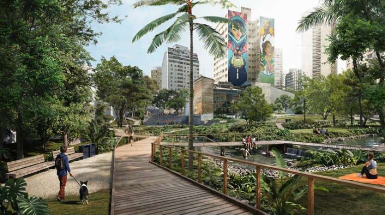 Parque do Bixiga, conforme projeto pelo escrit&oacute;rio paulistano Democratic Architects. Imagem ilustrativa