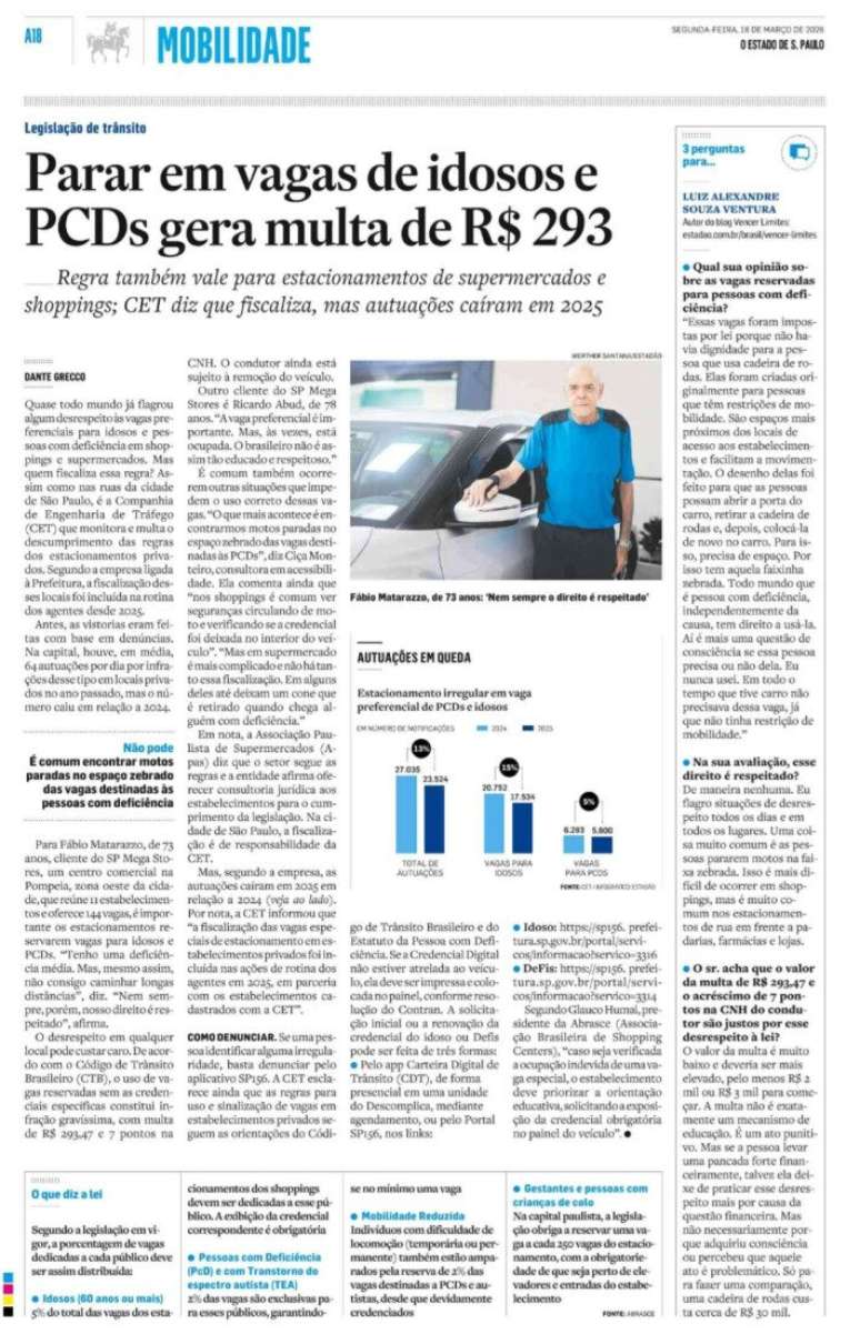 P&aacute;gina A18 da edi&ccedil;&atilde;o impressa de 16 de mar&ccedil;o de 2026 do jornal O Estado de S. Paulo.