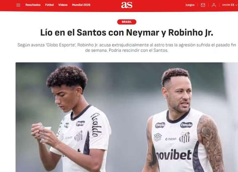 Jornal AS repercutiu a agress&atilde;o de Neymar a Robinho Jr