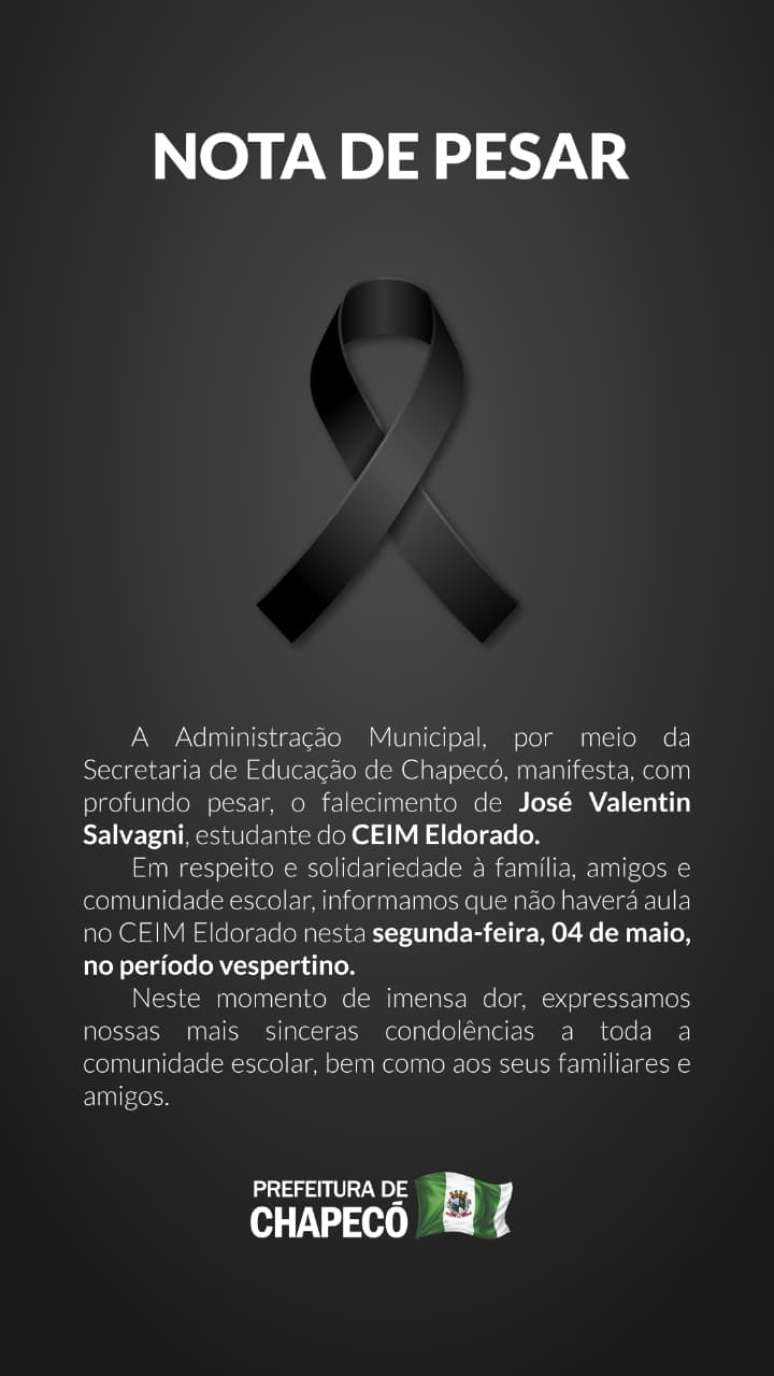 Prefeitura suspendeu atividades em sinal de luto ap&oacute;s morte da crian&ccedil;a