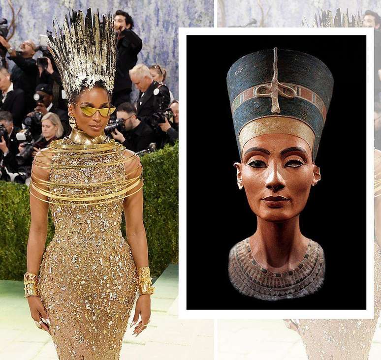 A cantora Ciara, ao lado do busto de Nefertiti