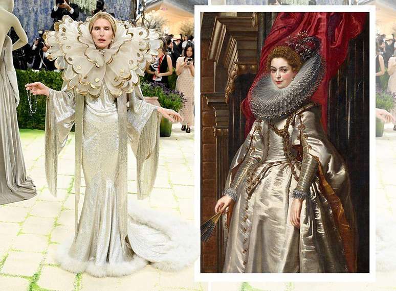 A modelo e atriz Dree Hemingway, ao lado do quadro 'Retrato da Marquesa Brigida Spinola-Doria', de Peter Paul Rubens