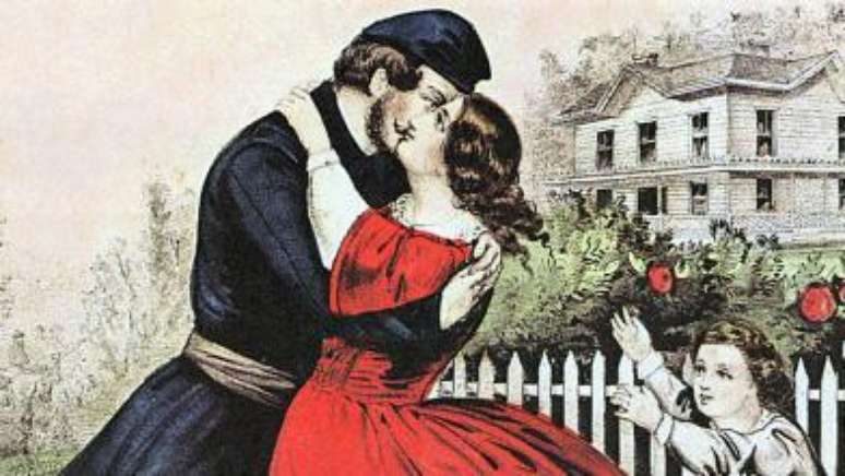 Retrato de soldado americano voltando para casa ap&oacute;s a guerra civil, em 1865; junto com a exalta&ccedil;&atilde;o &agrave; felicidade, veio a valoriza&ccedil;&atilde;o do amor rom&acirc;ntico