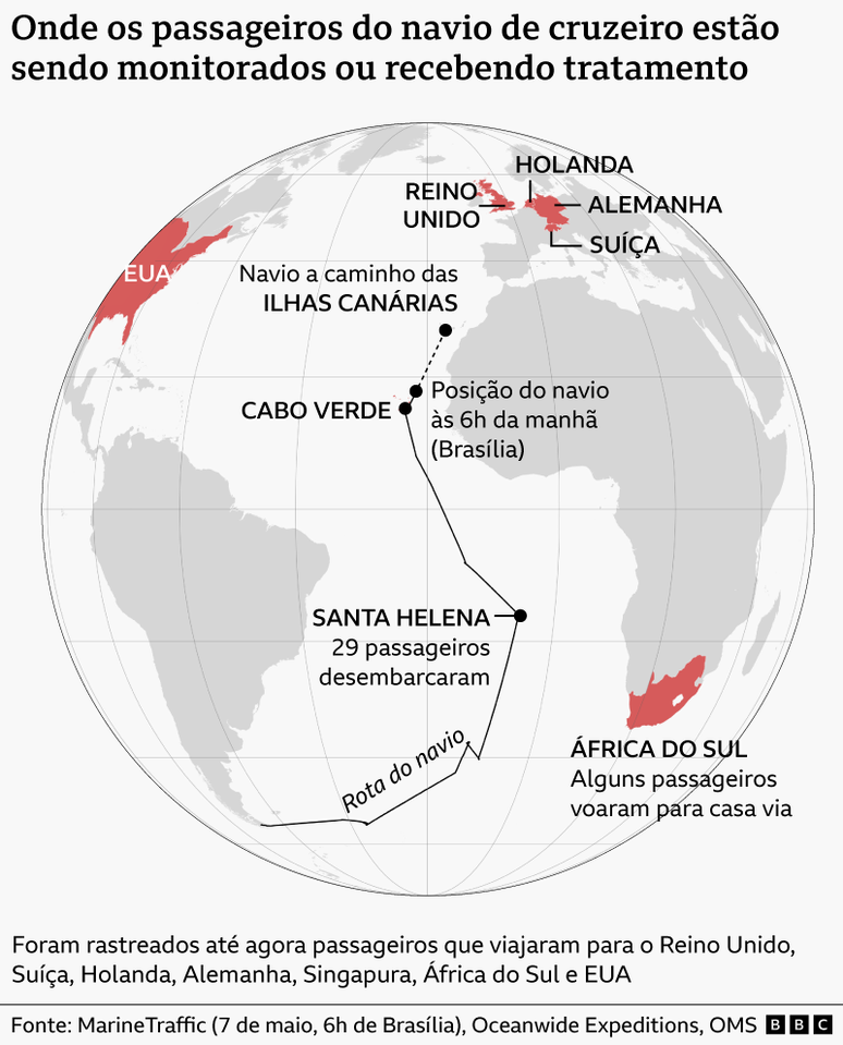 Mapa mostrando a rota e a posi&ccedil;&atilde;o atual do navio onde ocorreu o surto de hantav&iacute;rus