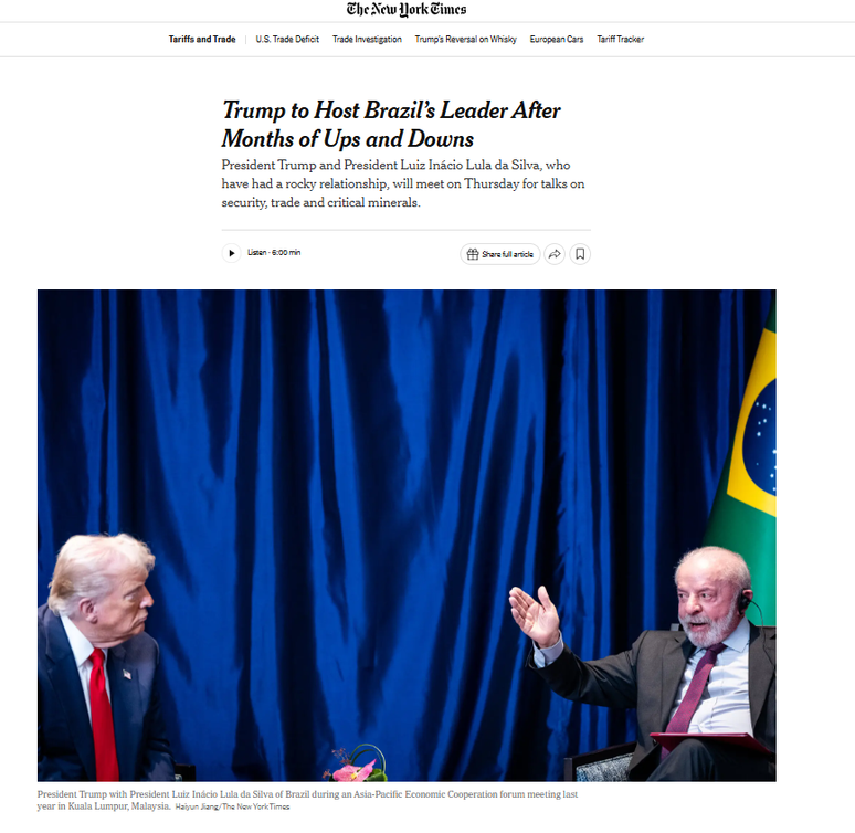 'Trump receber&aacute; o presidente brasileiro ap&oacute;s meses de altos e baixos', diz t&iacute;tulo da reportagem do NYT