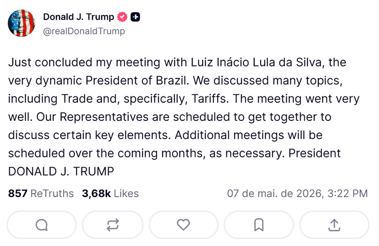 Post de Donald Trump, na Truth Social, elogia reuni&atilde;o entre o republicano e o presidente Lula (PT)
