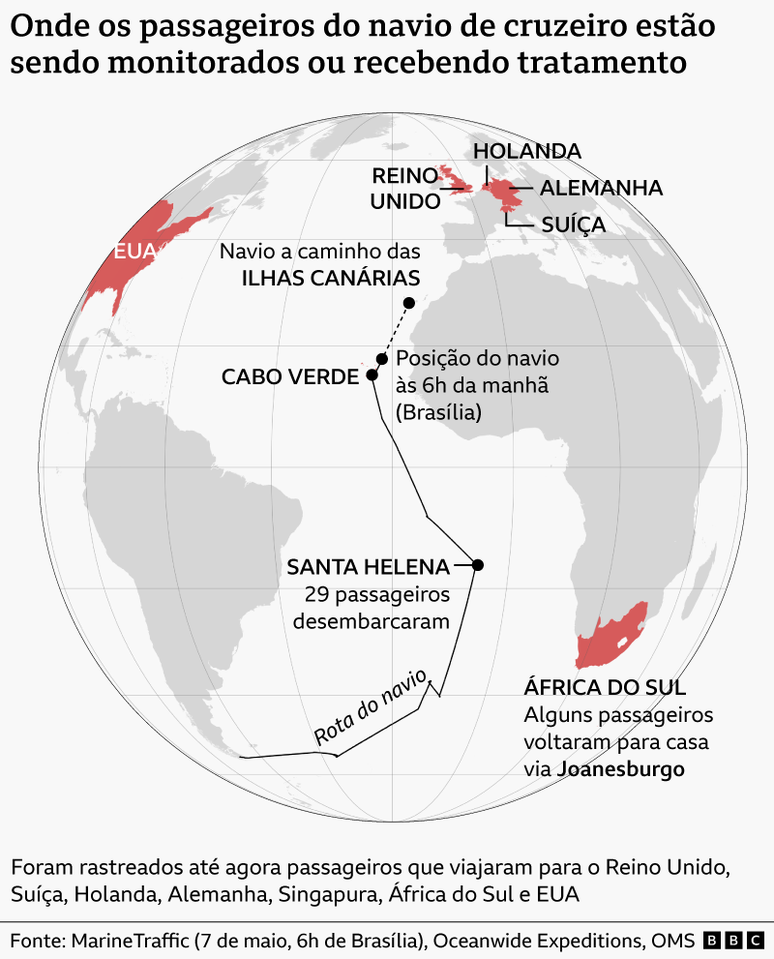 Mapa mostrando a rota e a posi&ccedil;&atilde;o atual do navio onde ocorreu o surto de hantav&iacute;rus
