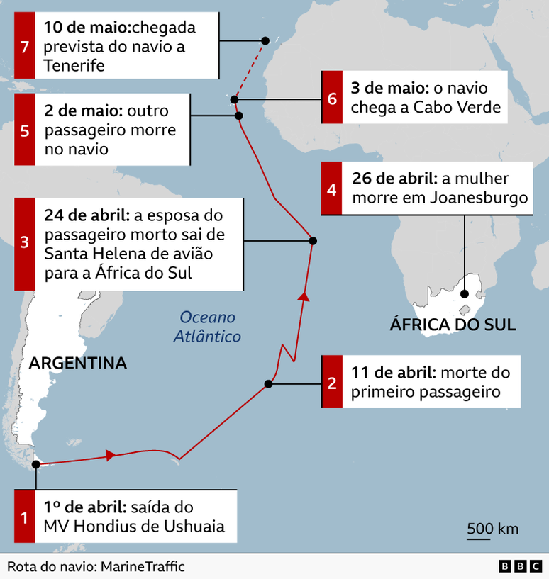 Mapa mostrando a rota do navio e o hist&oacute;rico do surto