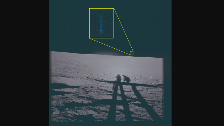 Uma vista da Lua durante a miss&atilde;o Apollo 12 em 1969, com um clar&atilde;o n&atilde;o identificado destacado e ampliado