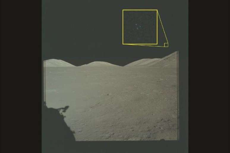 Imagens de arquivo da miss&atilde;o Apollo 17 &agrave; Lua. Em destaque, tr&ecirc;s luzes s&atilde;o vis&iacute;veis acima do terreno lunar