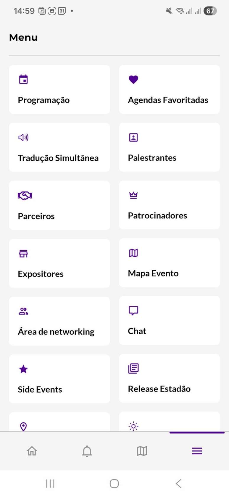 Reprodu&ccedil;&atilde;o de tela do aplicativo do S&atilde;o Paulo Innovation Week, com o menu do que pode ser encontrado.