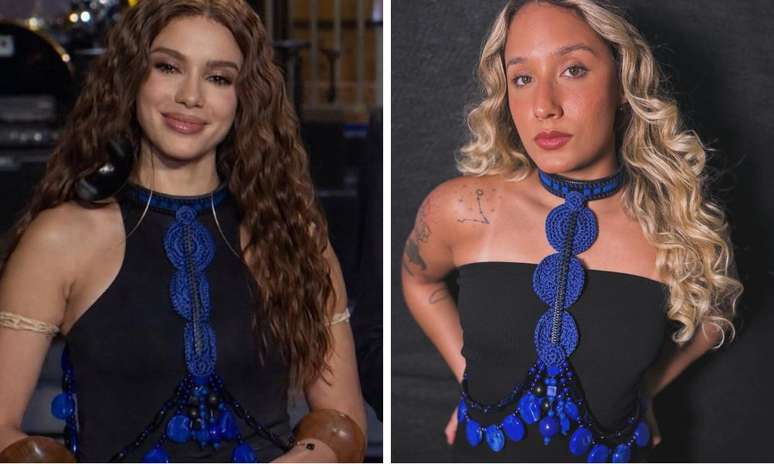 Anitta e o enfeite azul usado no Saturday Night Live (Fotos: Reprodu&ccedil;&atilde;o/Instagram)