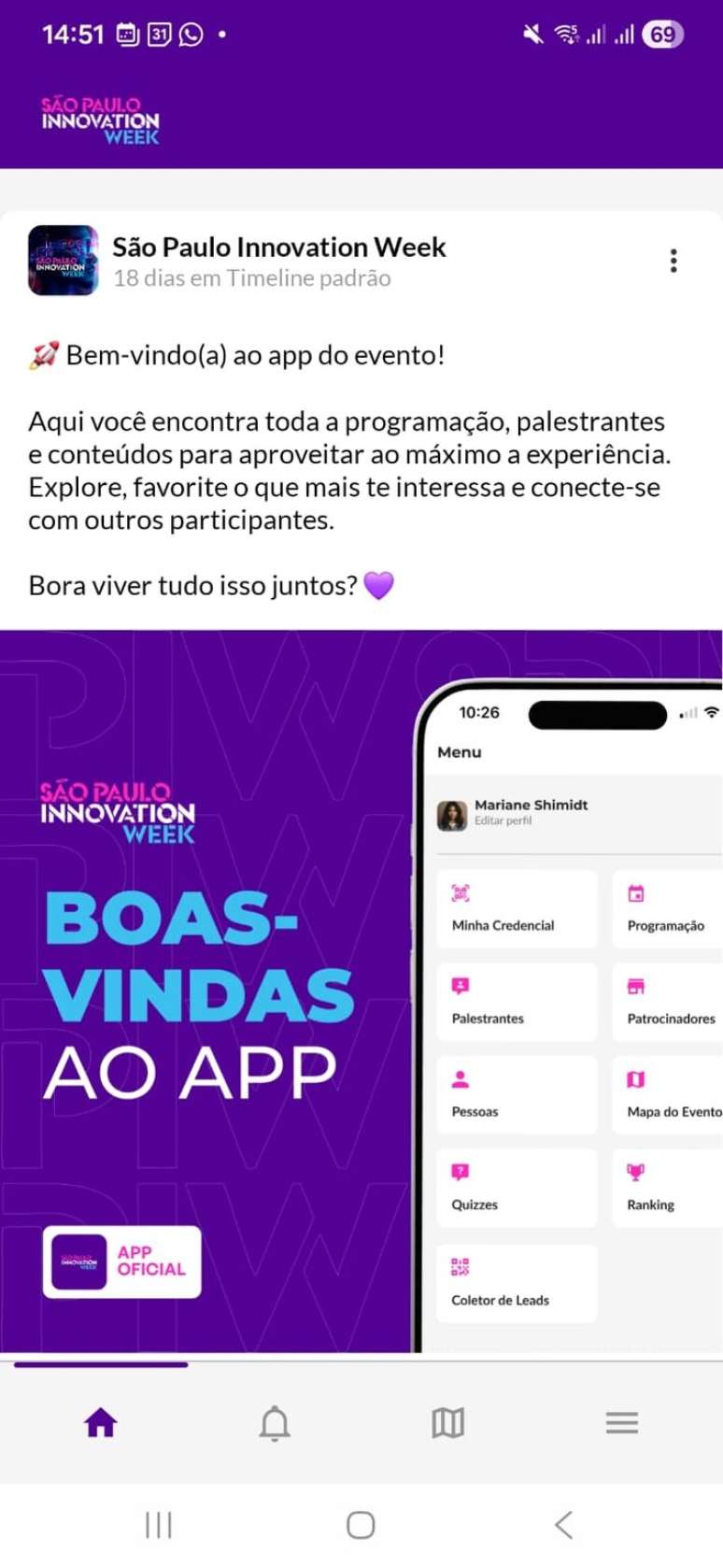 Tela de boas-vindas do aplicativo do S&atilde;o Paulo Innovation Week.