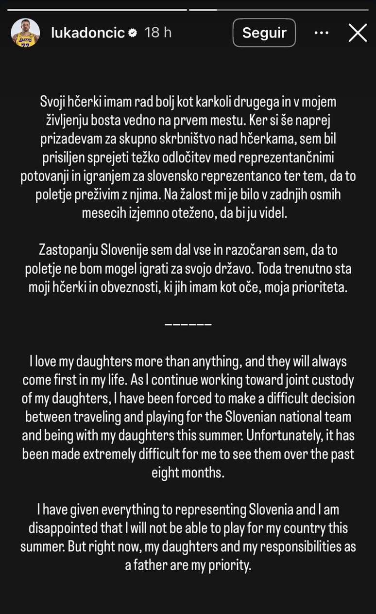 Luka Doncic em comunicado oficial 