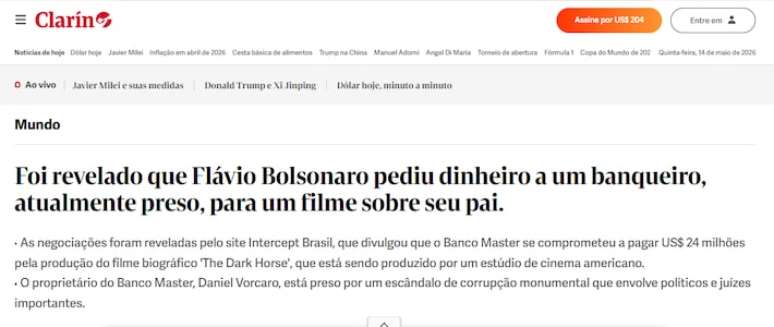 Imprensa argentina repercute &aacute;udios de Fl&aacute;vio Bolsonaro para Daniel Vorcaro