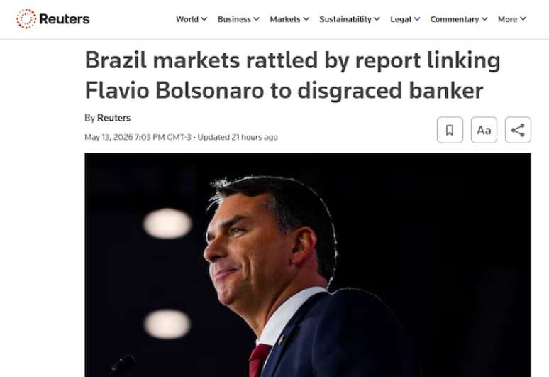 Reuters diz que "os mercados brasileiros foram abalados por reportagem que liga Fl&aacute;vio Bolsonaro a um banqueiro desonrado"