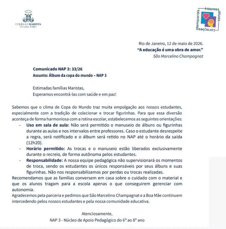 Comunicado do Marista aos pais e respons&aacute;veis sobre o &aacute;lbum da Copa 2026
