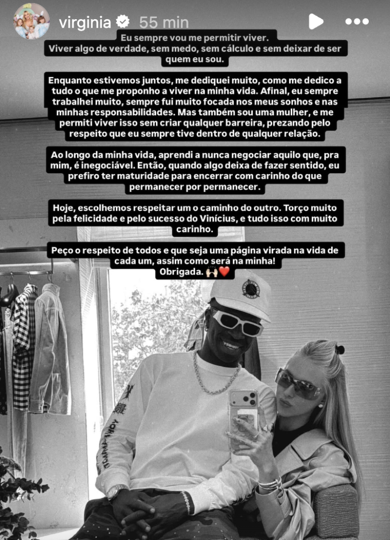 Virginia anunciou o fim do namoro com Vini Jr