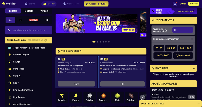 A Multibet tem um site completo para apostas esportivas