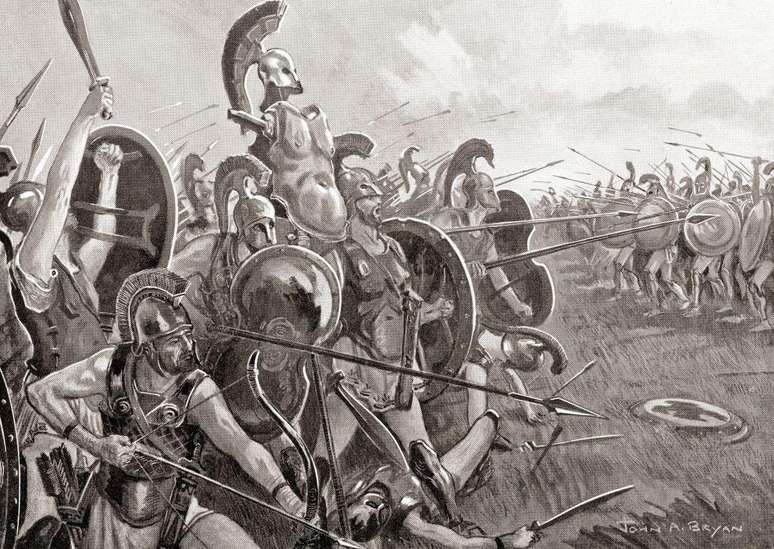 Ilustra&ccedil;&atilde;o da Guerra do Peloponeso (431-404 a.C.), que op&ocirc;s Atenas a Esparta