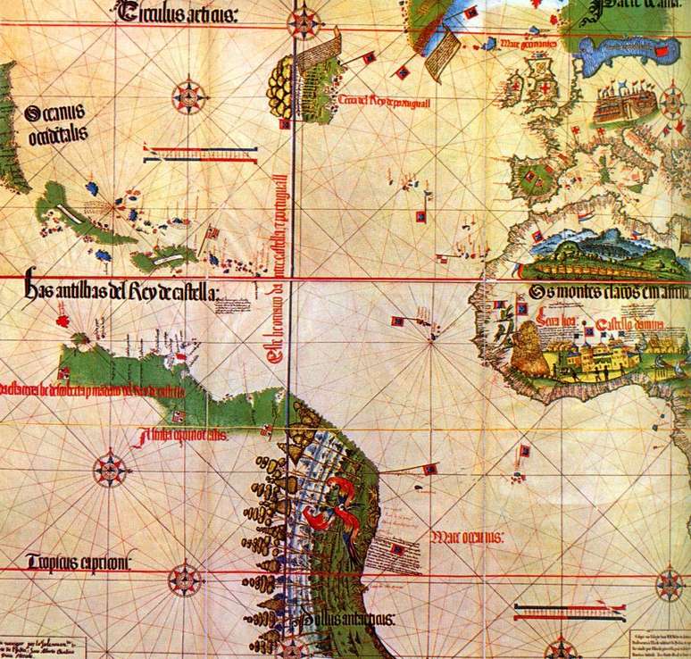 Espanha e Portugal dividiram seus extensos dom&iacute;nios atrav&eacute;s do Tratado de Tordesilhas (1494)