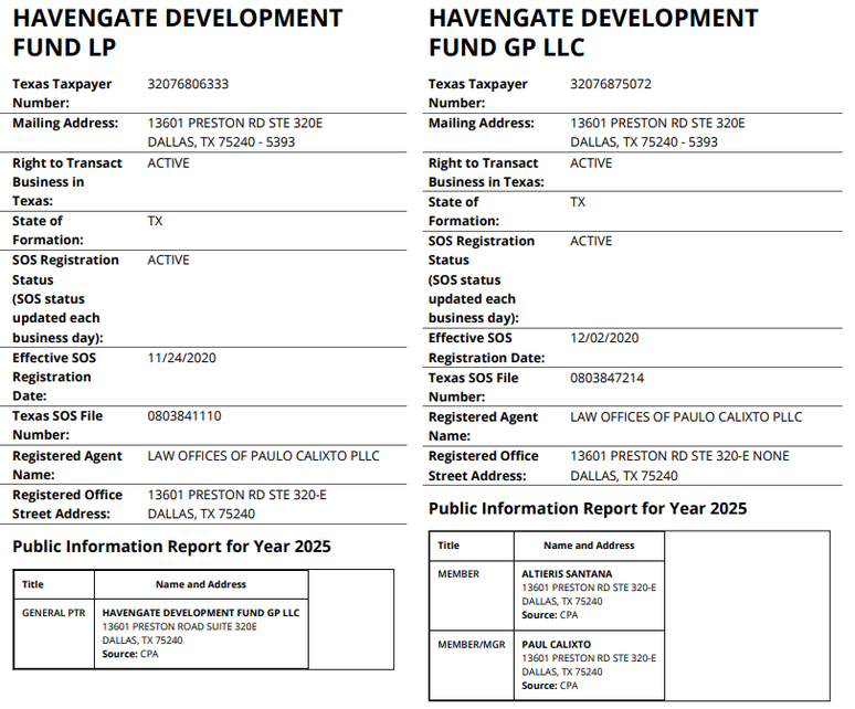 Os registros do fundo Havengate Development Fund LP e da empresa Havengate Development Fund GP LLC no site do Controlador de Contas P&uacute;blicas do Texas