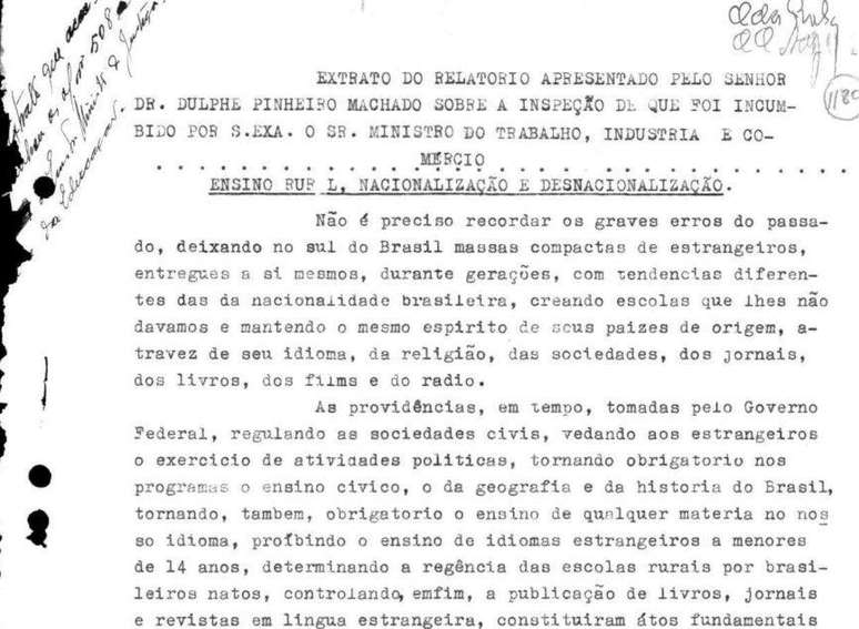 Extrato do relat&oacute;rio de Dulphe Pinheiro Machado, feito em 1940