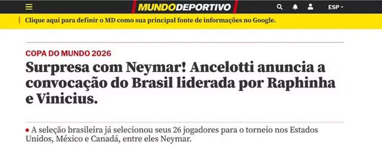 Jornal da Catalunha destaca presen&ccedil;a de Neymar na lista de Ancelotti &ndash;