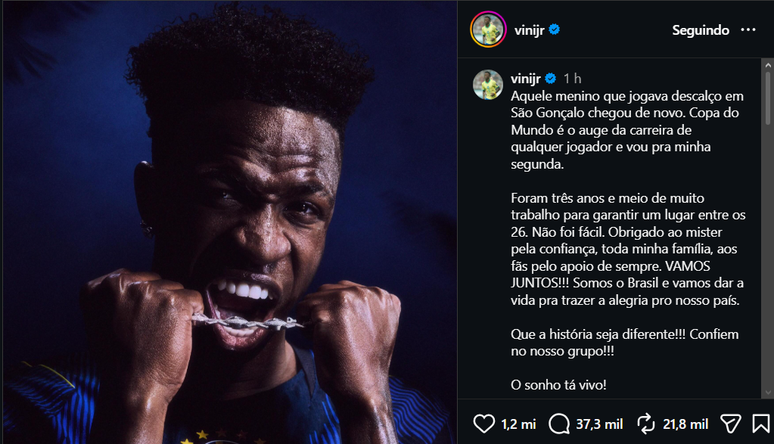 Post de Vini Jr. ap&oacute;s a convoca&ccedil;&atilde;o 