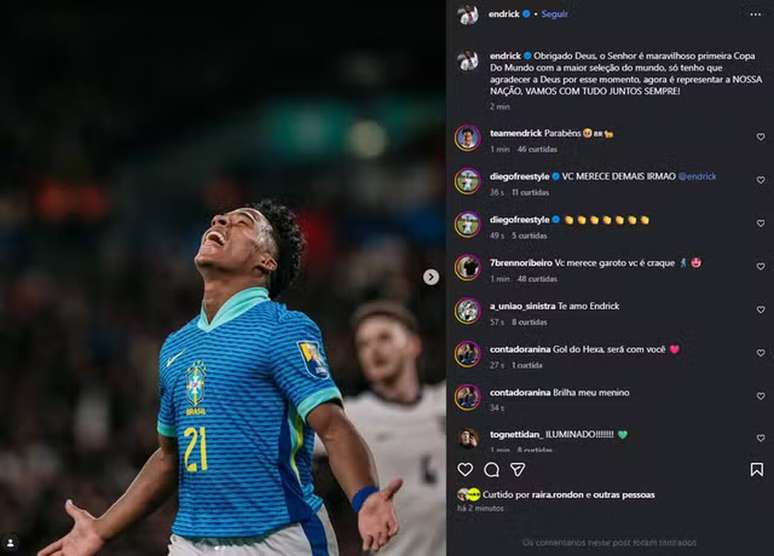 Endrick fez postagem em suas redes socais sobre a convoca&ccedil;&atilde;o &agrave; Sele&ccedil;&atilde;o Brasileira &ndash;