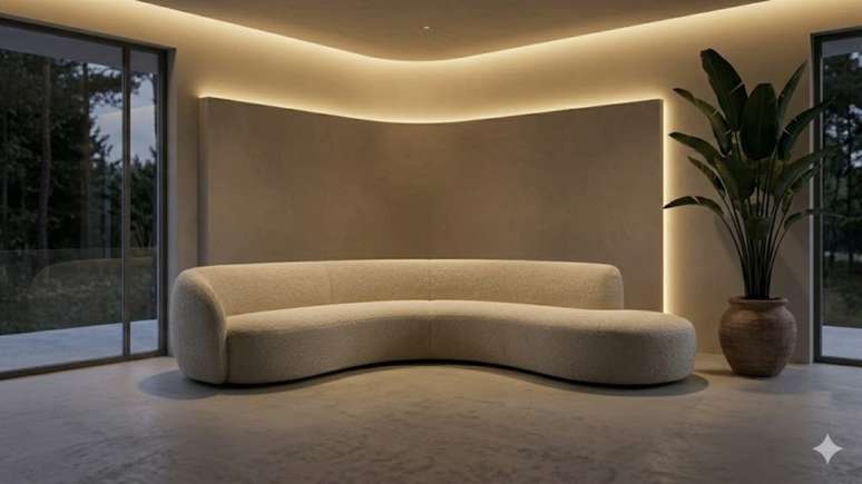 Posicionamento estrat&eacute;gico e ilumina&ccedil;&atilde;o indireta destacam o design escult&oacute;rico do mobili&aacute;rio
