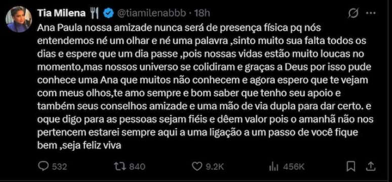 Coment&aacute;rio da Tia Milena emociona os fas