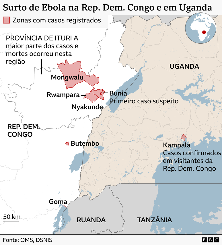 Mapa da regi&atilde;o africana atingida pelo atual surto de Ebola