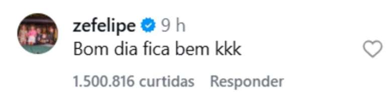 Coment&aacute;rio de Z&eacute; Felipe em post de Virginia ultrapassa 1,5 milh&atilde;o de curtidas.